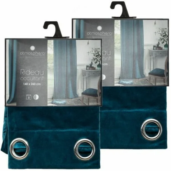 Les achats en ligne TOILINUX Lot De 2 Rideaux Occultants En Polyester Effet Velours – Bleu Canard – 140 X 260 Cm 1