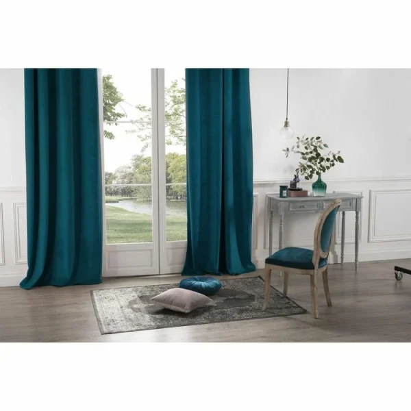 Les achats en ligne TOILINUX Lot De 2 Rideaux Occultants En Polyester Effet Velours – Bleu Canard – 140 X 260 Cm 3