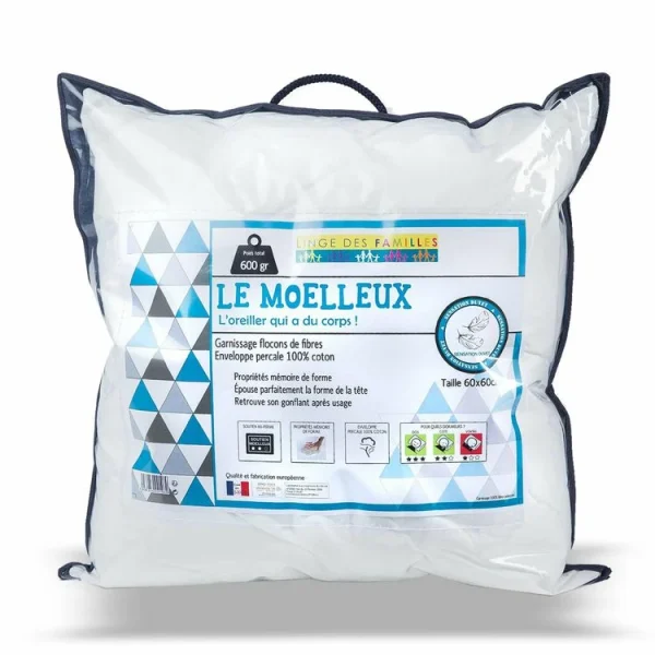 soldes ligne LINGE DES FAMILLES Oreiller Moelleux 60×60 – Effet Duvet – Propriétés Mémoire De Forme – Qualité Hôtellerie 1