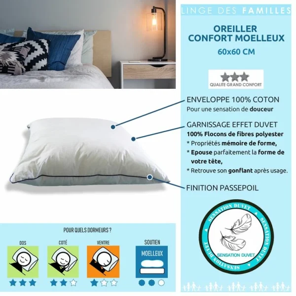 soldes ligne LINGE DES FAMILLES Oreiller Moelleux 60×60 – Effet Duvet – Propriétés Mémoire De Forme – Qualité Hôtellerie 4
