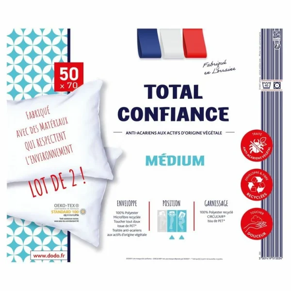 vente pas cher en ligne DODO Lot De 2 Oreillers Confort Médium En Microfibre Recyclé Et Anti Acariens TOTAL CONFIANCE 3