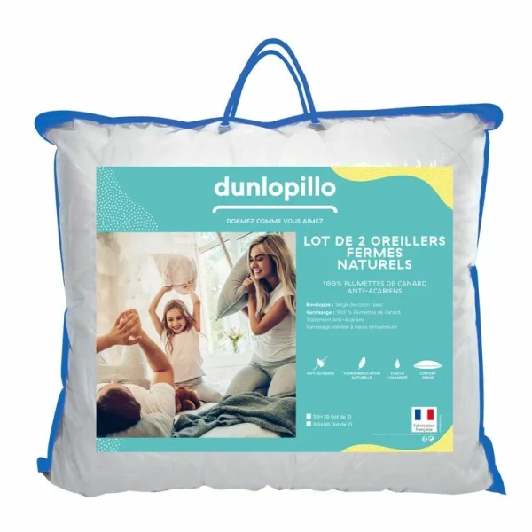 mode DUNLOPILLO Lot De 2 Oreillers Fermes Et Naturels En Plumettes Neuves Et Coton Sergé Traités Anti-acariens 1