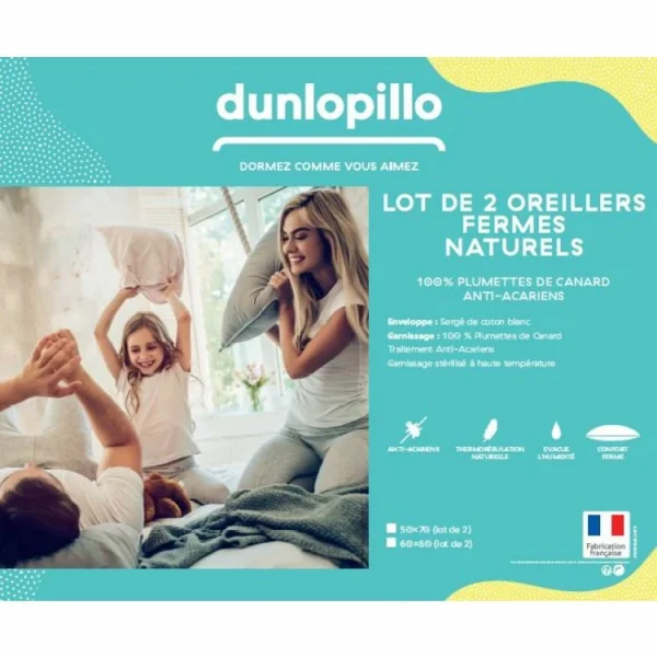 mode DUNLOPILLO Lot De 2 Oreillers Fermes Et Naturels En Plumettes Neuves Et Coton Sergé Traités Anti-acariens 3