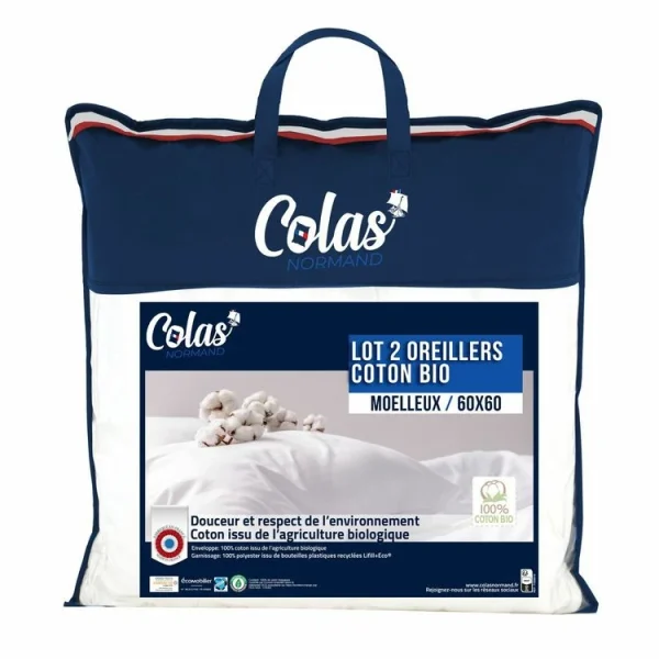 COLAS NORMAND Lot De 2 Oreillers Confort Moelleux En Coton Bio 550 G/m² site pas cher 1